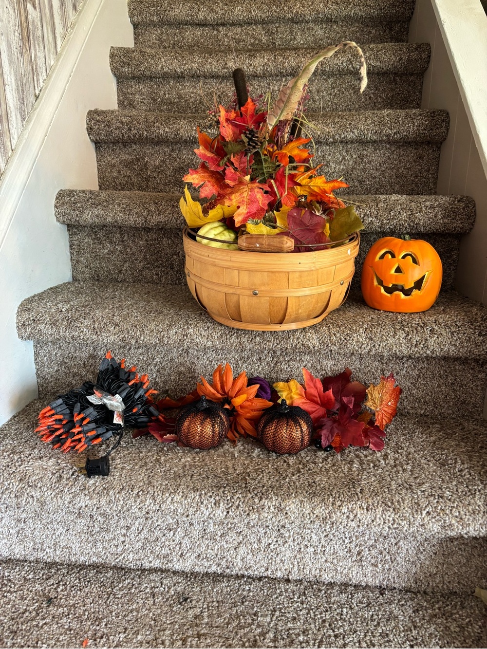 Autumn Harvest Decorative Basket with Orange Fall Foliage